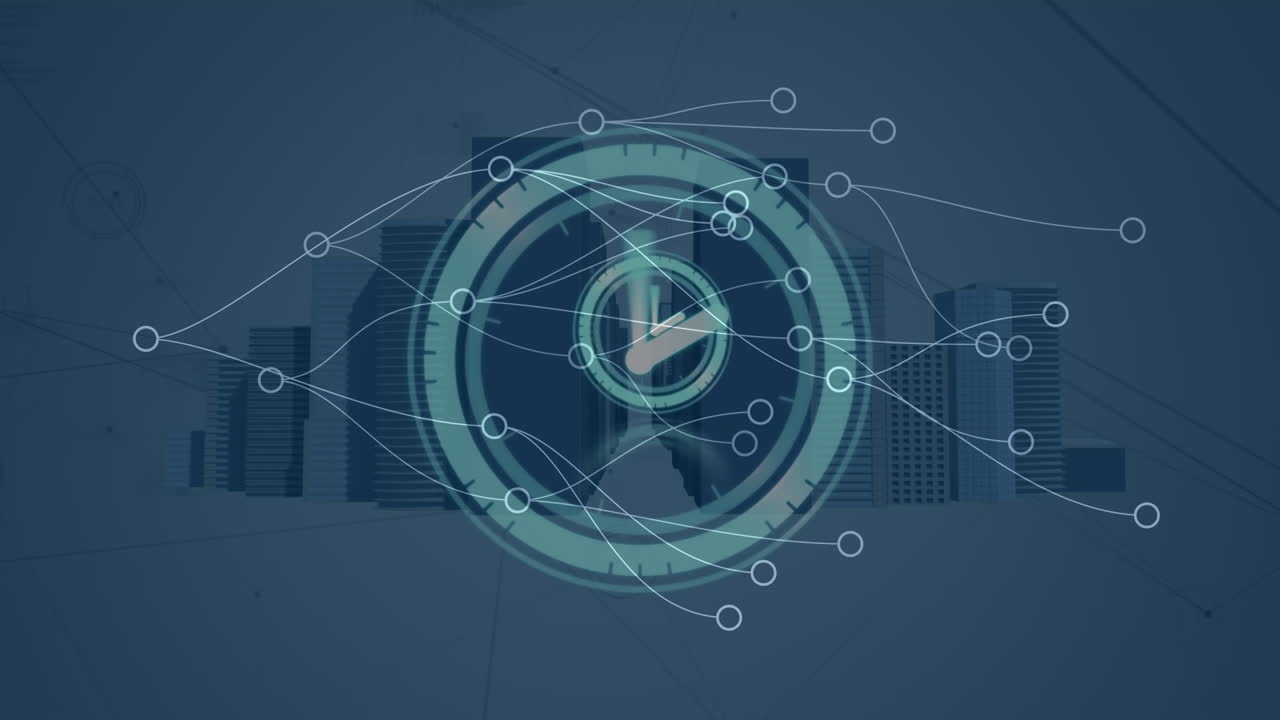 Animation of network of connections and moving clock over digital city on white background