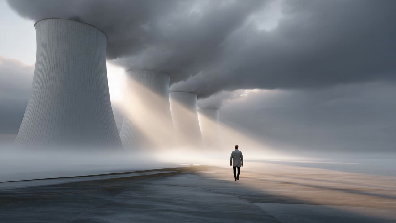 Man walking towards a nuclear power plant in foggy conditions