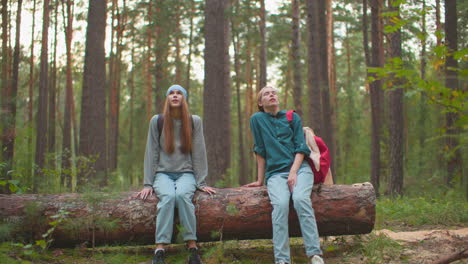 two siblings sitting on fallen tree in vibrant forest; one with blue bandana looks happy and relaxed, lifting leg playfully, while other sibling in green shirt places hand on tree