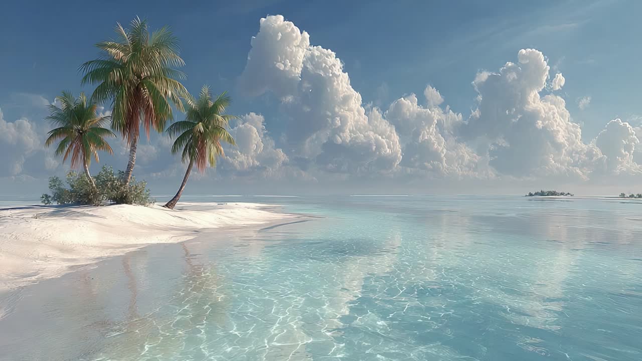 Un sereno paradiso tropicale che mostra acque turchesi limpide, spiagge di sabbia bianca e palme lussureggianti sotto un cielo azzurro brillante con nuvole soffici in un paesaggio mozzafiato