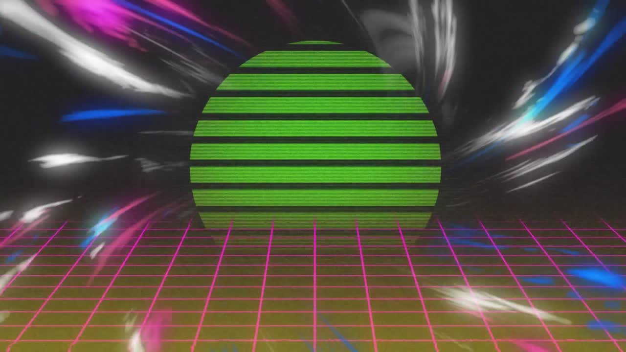 animación del sol brillante, mapa 3d sobre luces coloridas giratorias en la rejilla roja en movimiento