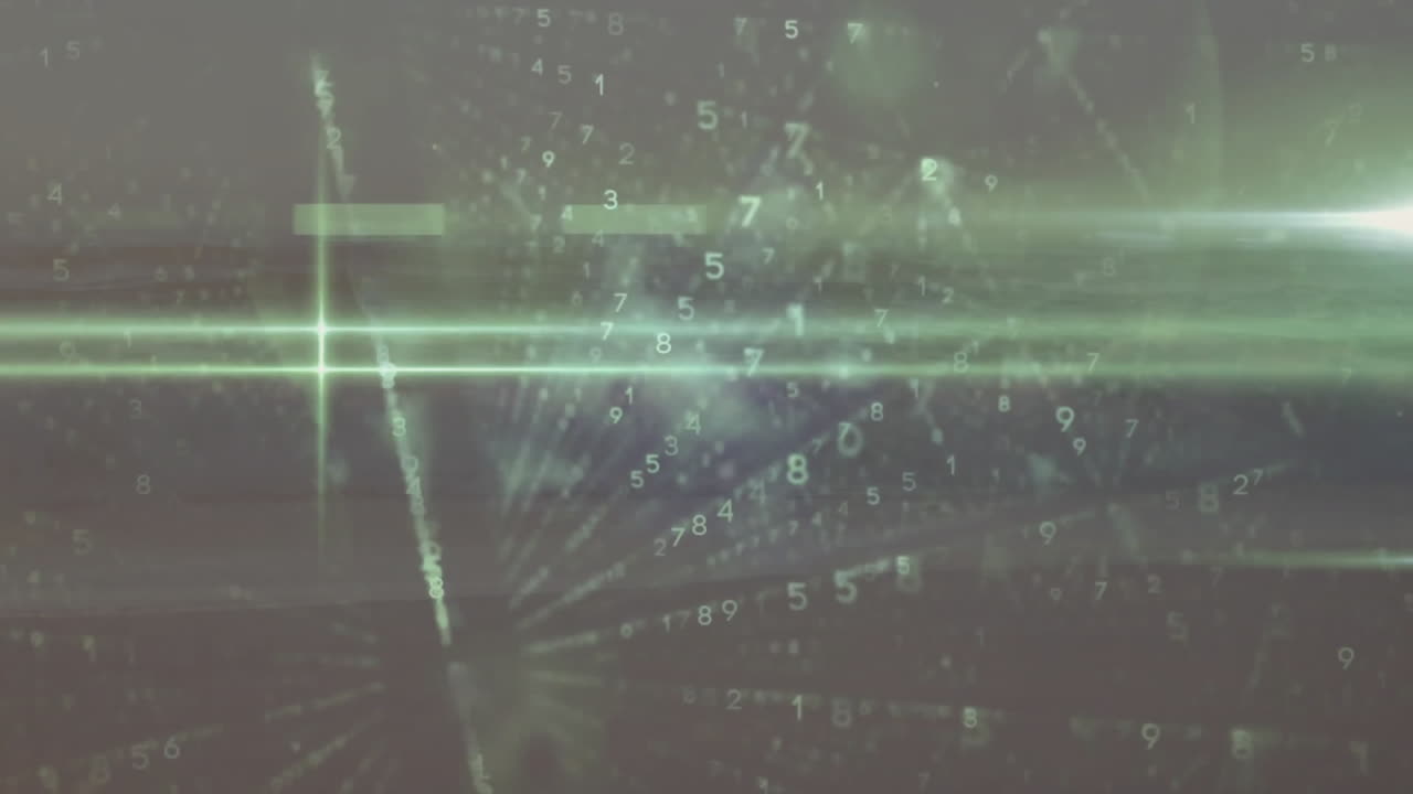 Green digital numbers and lines forming abstract data processing animation