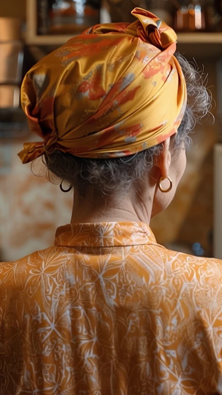 Donna indossa un vivace foulard giallo, elegante e composta. Il suo sguardo è fisso, pensieroso, calmo, sereno. Il tessuto di seta brilla delicatamente con tonalità calde e luminose. La vista posteriore mostra un abito a fantasia, ricco e texturizzato.