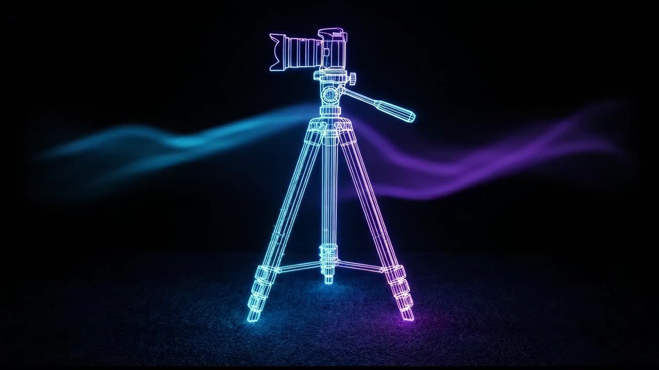 Glødende Neon Wireframe-kamera og stativ på mørk baggrund
