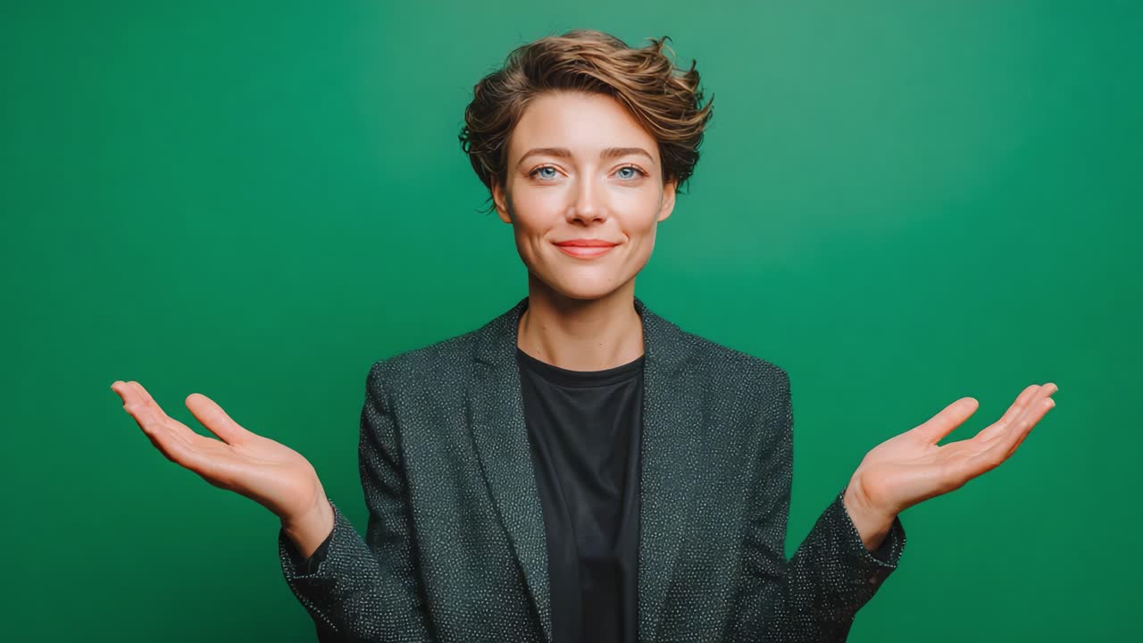 Una donna sicura di sé con un blazer sorride su uno sfondo verde vivace, esprimendo positività e sicurezza nel suo gesto e nella sua postura