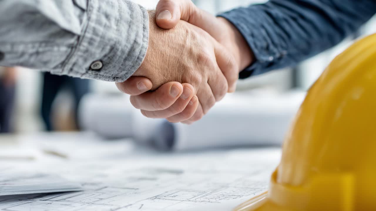 A Strong Partnership Formed: Two Individuals in Construction Shake Hands, Marking the Beginning of a Promising Collaboration on Building Projects and Plans