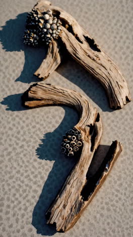 driftwood with barnacles