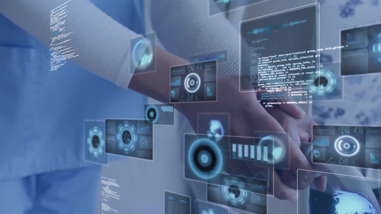 animación de ámbitos y procesamiento de datos en pantallas sobre las manos de una médica y una paciente biraciales.