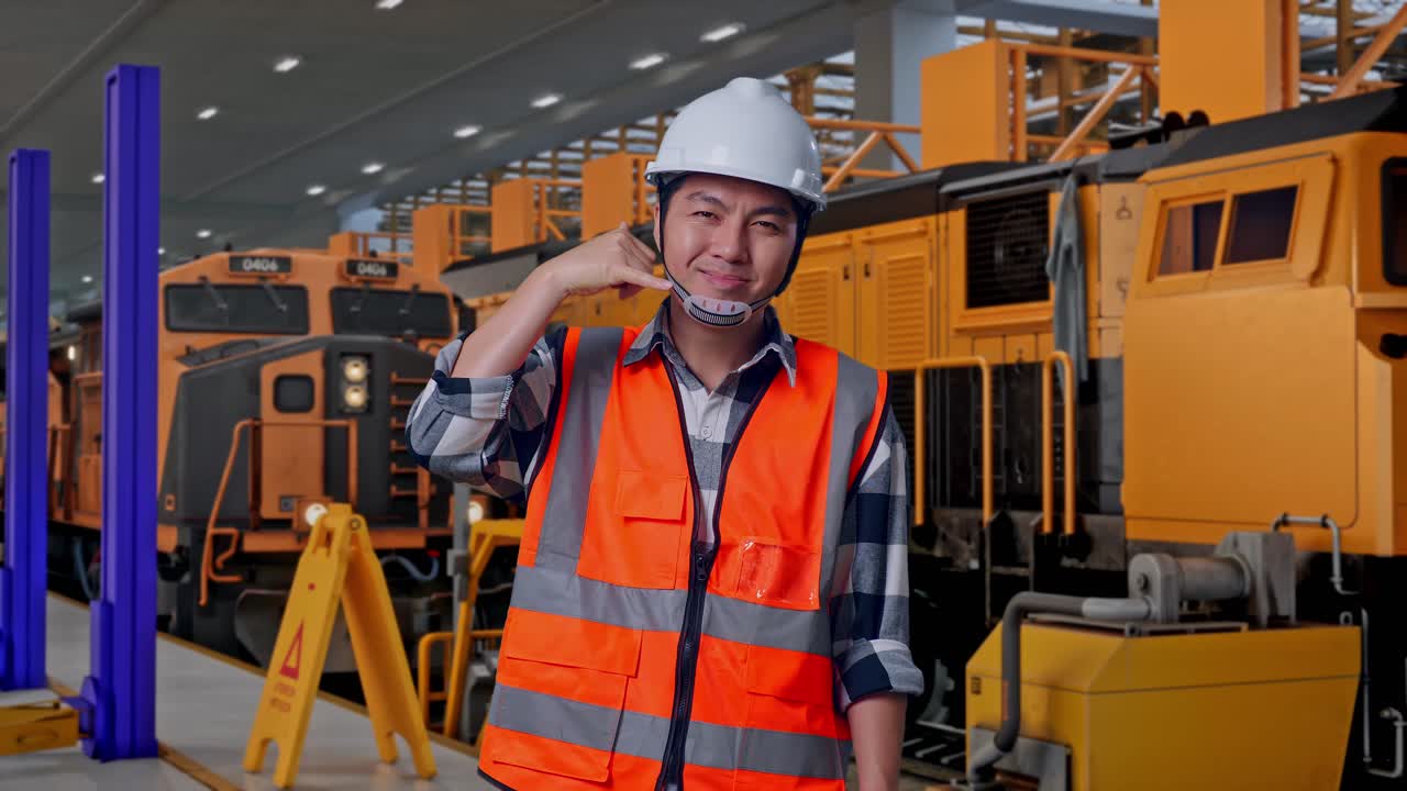 Ingegnere asiatico con elmetto di sicurezza che sorride alla fotocamera e fa il gesto "chiamami" mentre è in piedi. Tecnici addetti alla manutenzione dei treni in un deposito
