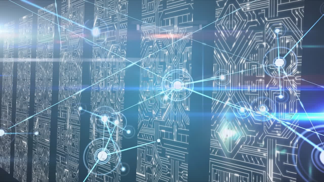 컴퓨터 회로판을 통한 데이터 처리 및 연결 네트워크의 애니메이션