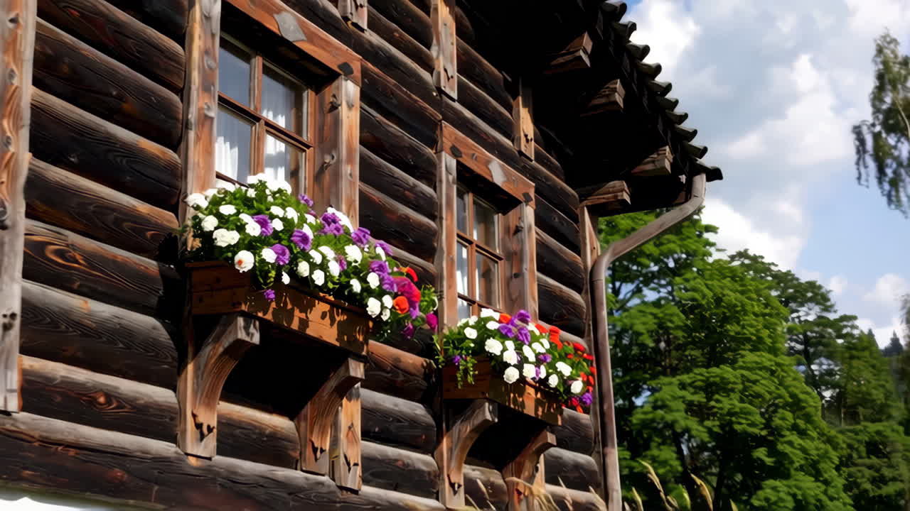 Charming Wooden House with Window Boxes and Flowers