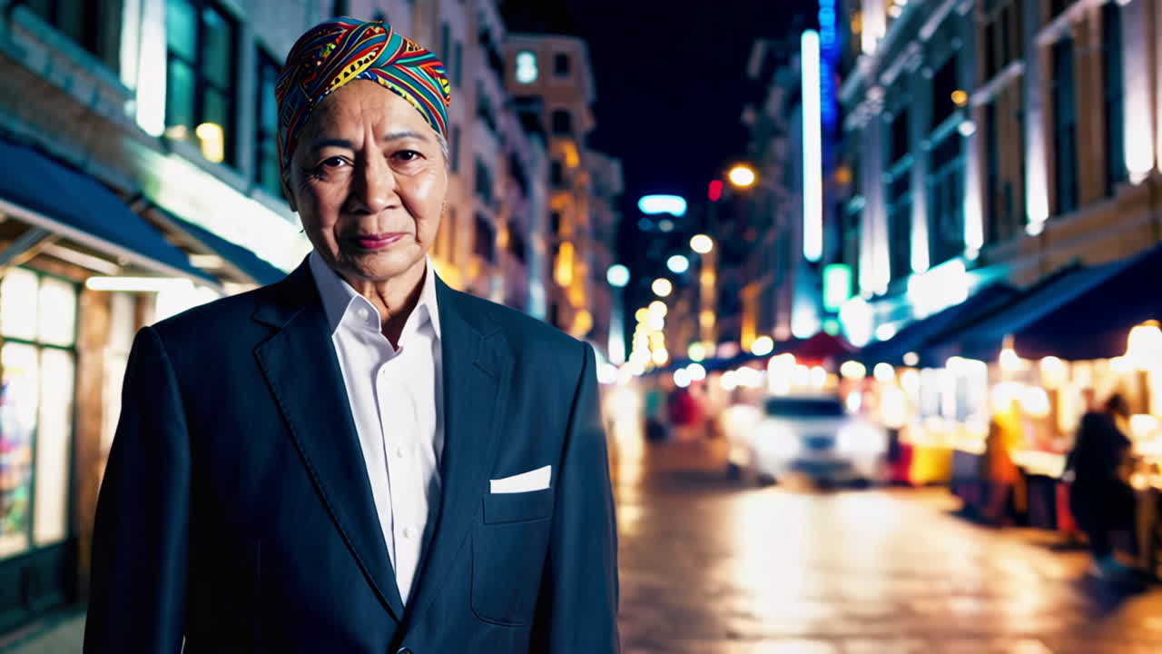 Senior Asian Businesswoman in Formal Wear at Night Market