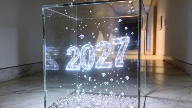 Un cubo di vetro luminoso in un lungo corridoio con un'ondata di luce crescente, che solleva cristalli intorno al 2027