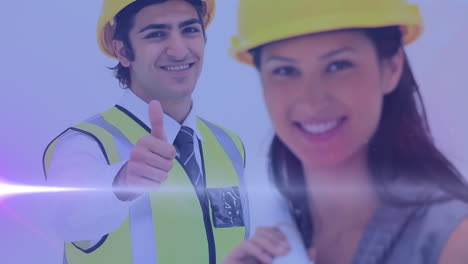 animación de puntos de luz sobre felices trabajadores y trabajadoras biraciales con el pulgar hacia arriba