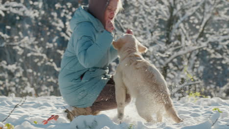 a golden retriever puppy runs through a snowy park. slow motion video