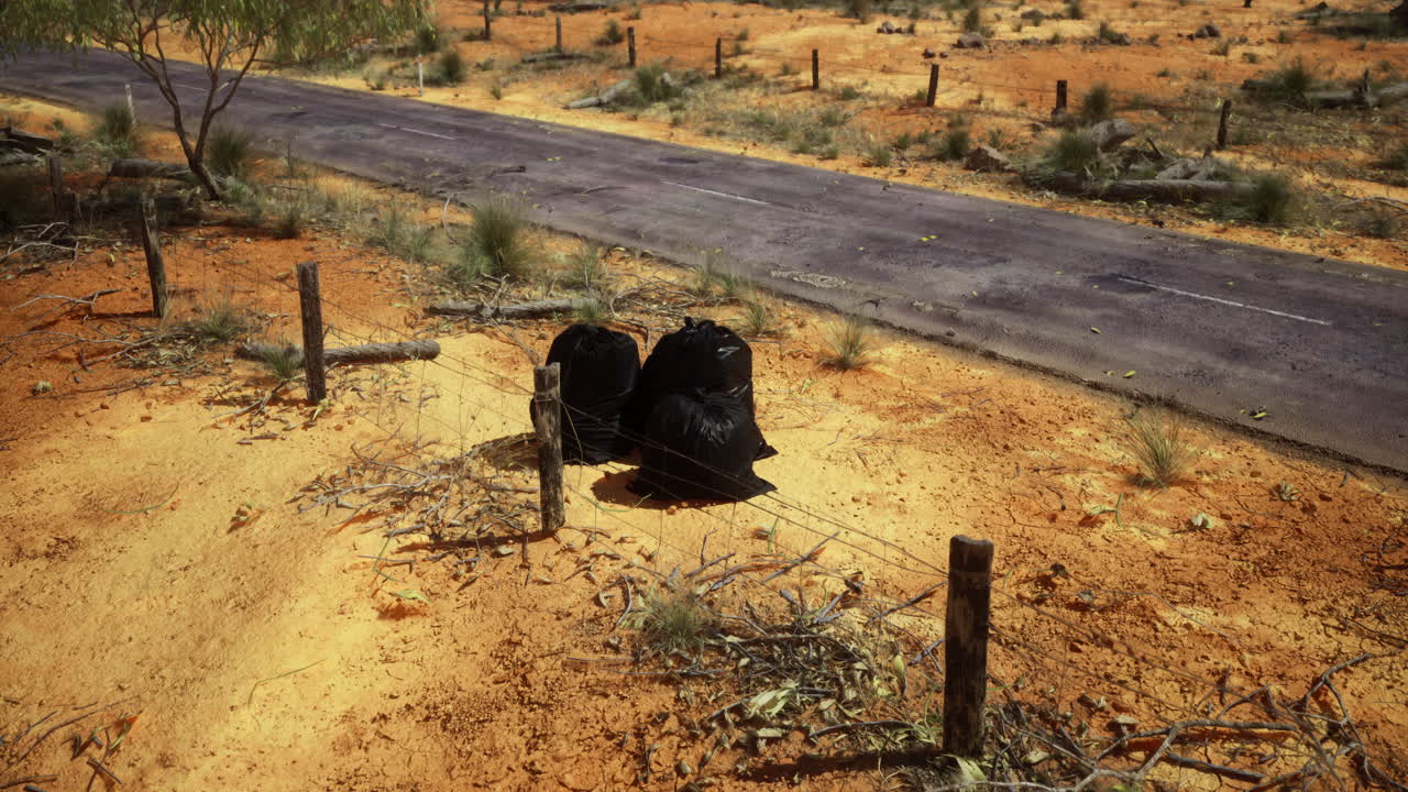 Litter along a rural road in a dry landscape during midday sun