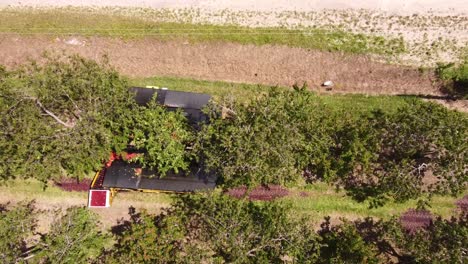 Agricultural-Machinery-Harvesting-Fresh-Cherry-Fruits-In-The-Orchard-In-Leelanau-County,-Traverse-City,-Michigan---aerial-zoom-in-shot