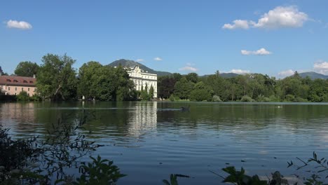 Calm-lake-before-sunset,-with-several-ducks-and-geese-slowly-swimming-around,-and-Schloss-Leopoldskron-in-the-background