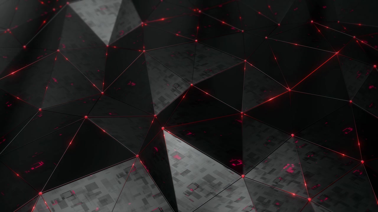 Sfondo poligonale scuro astratto con connessioni al neon rosse luminose