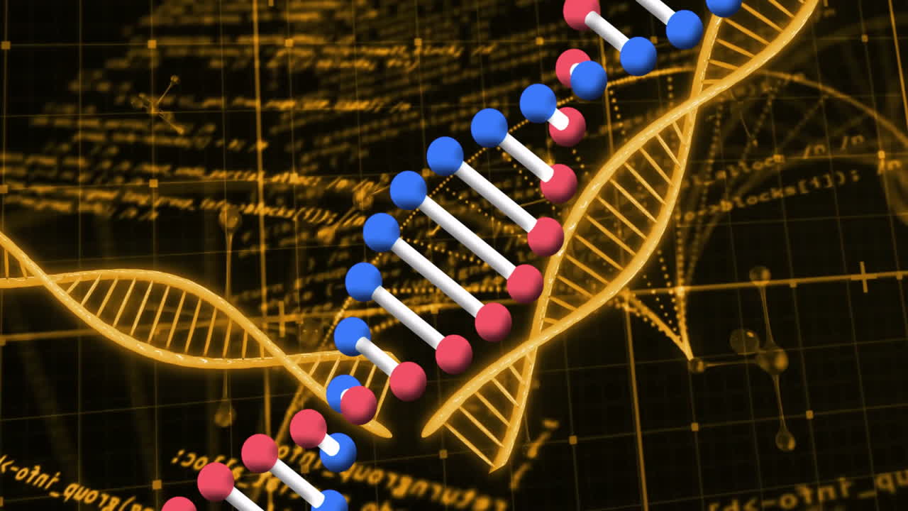 Scientific data processing animation with DNA strand and binary coding visuals