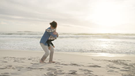 Beach,-girl-and-running-to-hug-in-dad-arms