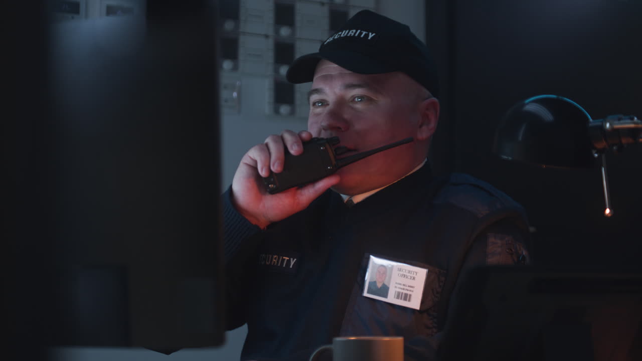 Security Guard Communicating on Walkie-Talkie in Control Room