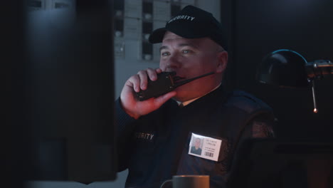 security guard communicating on walkie-talkie in control room