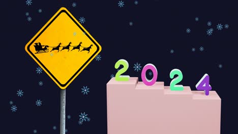 Animation-of-2024-text-and-christmas-santa-claus-on-road-sign-in-background