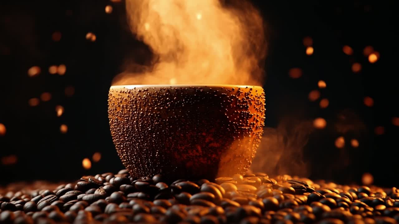 Steaming cup surrounded by coffee beans. A steaming cup of coffee releases vapor above dark coffee beans, creating a cozy atmosphere.