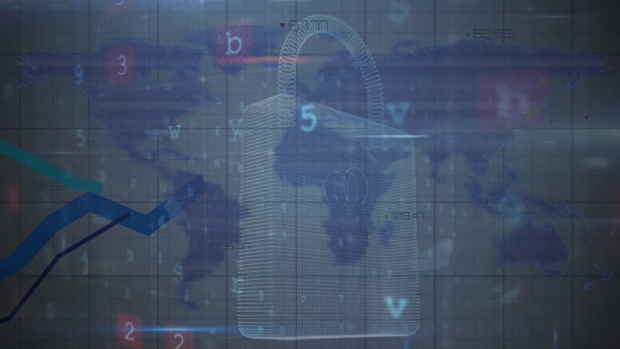 animación de iconos de conceptos de ciberseguridad y procesamiento de datos contra el mapa del mundo.