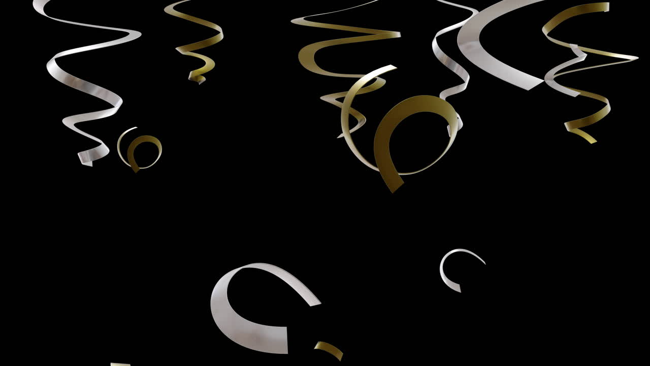 Animation of gold and silver streamers on black background