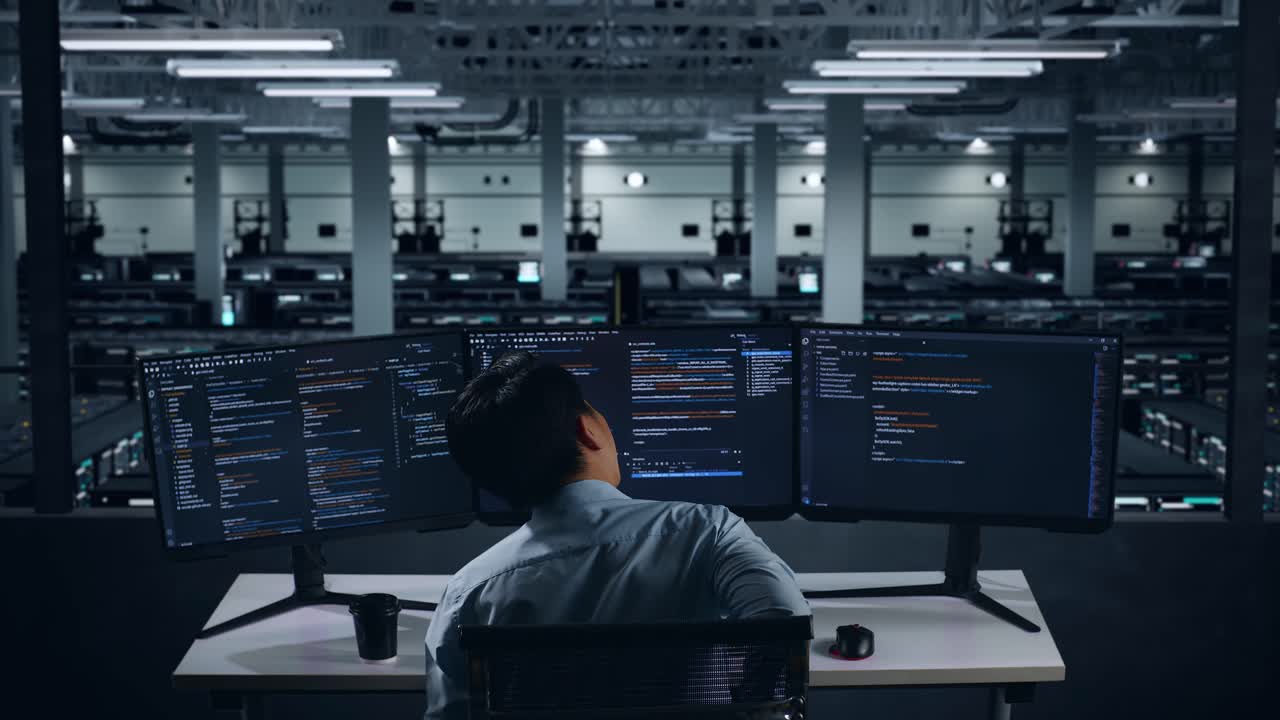 Back View Of Asian Man Developer Having Backache While Write Code With Multiple Computer Screens In Data Center