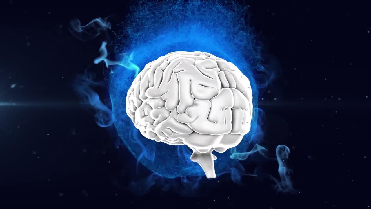 Animation of 3d human brain rotating over glowing blue globe on black background