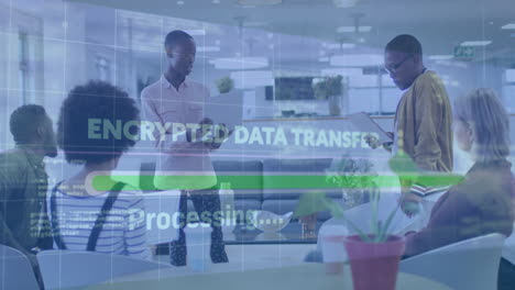 encrypted data transfer animation over diverse team collaborating in modern office