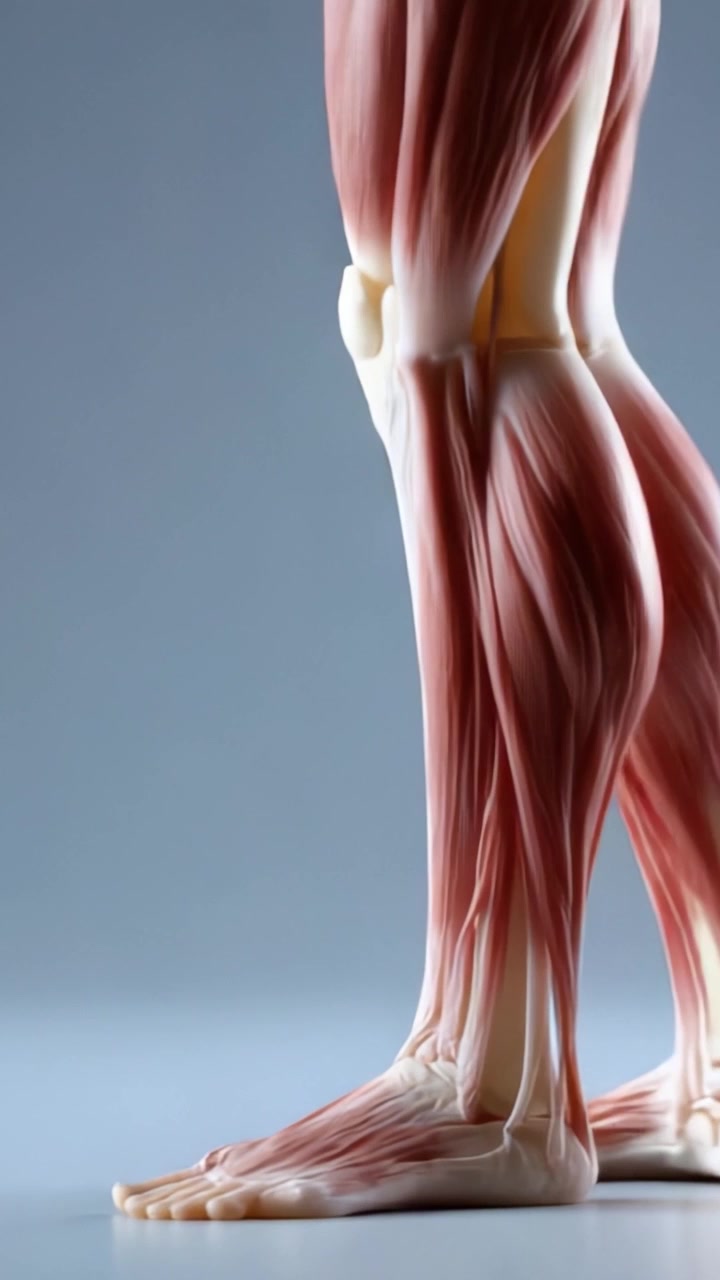 Detaljeret anatomisk model, der fremviser menneskelig benmuskulatur fra forskellige vinkler, og fremhæver kompleksiteten og strukturen af muskler i underekstremiteten.