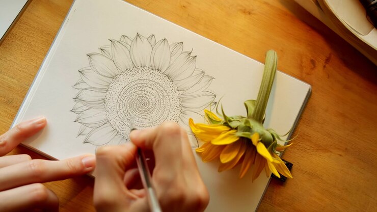 Hands drawing drawing a sunflower, in wooden table, with sunflower, pencil, with paper, wooden table texture, from a top-down perspective perspective, with brown wood, white paper accents.