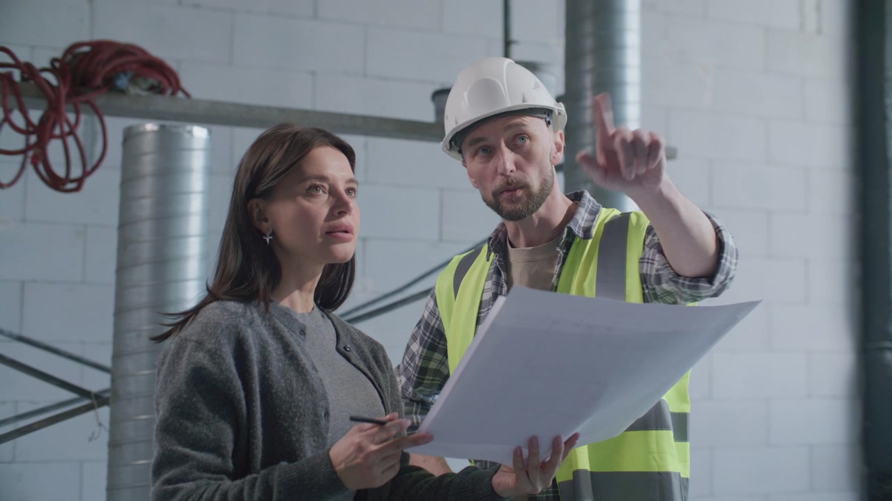 Engineer Explaining Construction Plan to Female Property Owner on Site