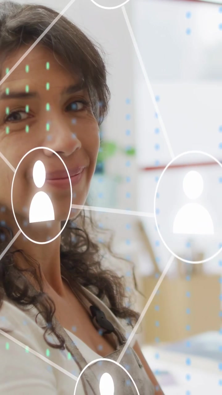 Vertical video: Animated user icons forming in front, woman in apron turning head for retail
