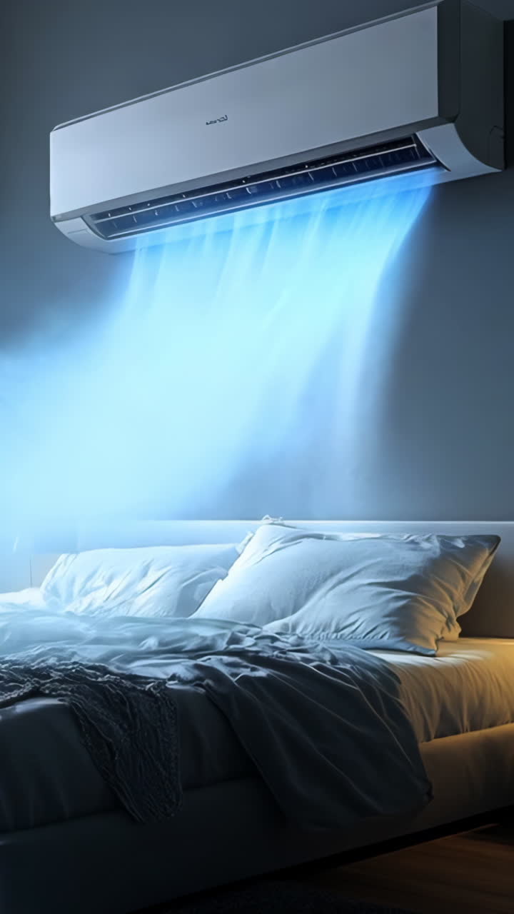 A white bed with a blue air conditioner blowing air on it. The room is decorated with plants and a potted plant is on the nightstand