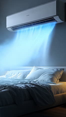 a white bed with a blue air conditioner blowing air on it. the room is decorated with plants and a potted plant is on the nightstand
