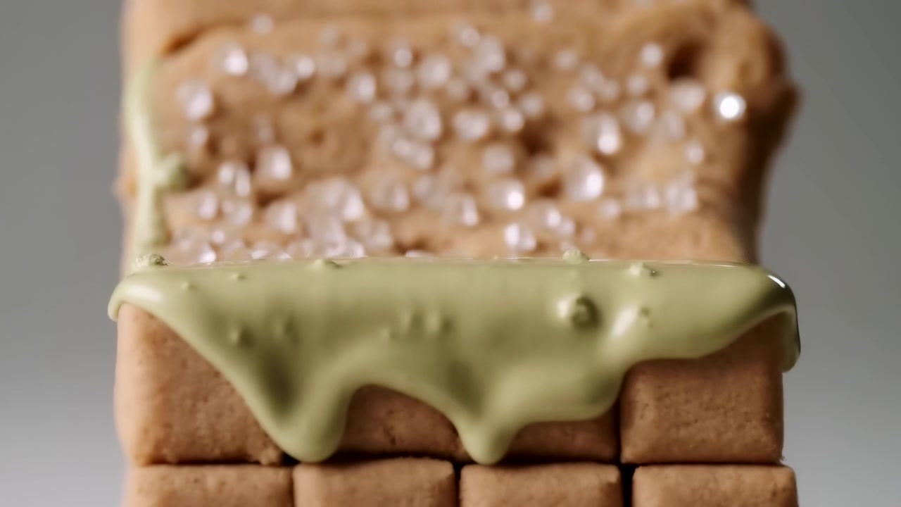 Close-up view of stacked square biscuits with glossy pale green icing flowing down front edge and translucent sugar crystals resting on porous top, creating sweet bakery detail, with biscuit, cookie