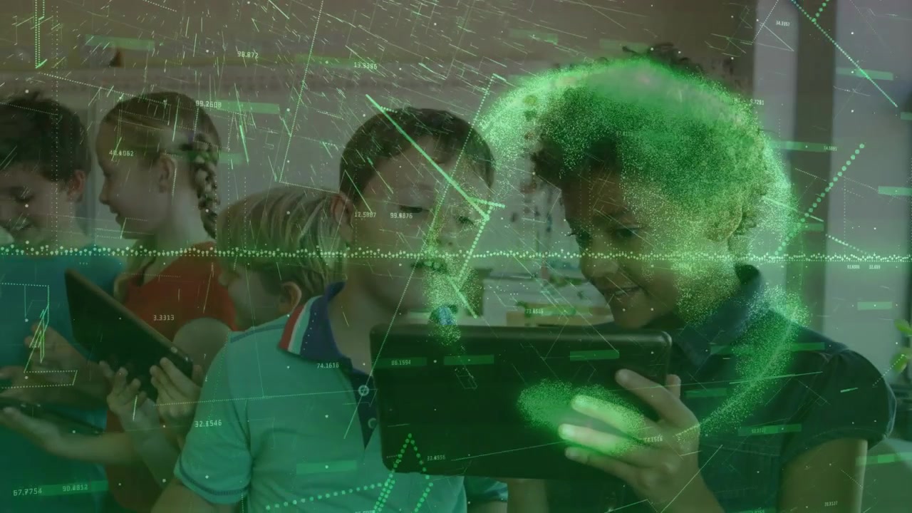 Girl tapping shared tablet while boy leaning in, green HUD appearing and intensifying for education