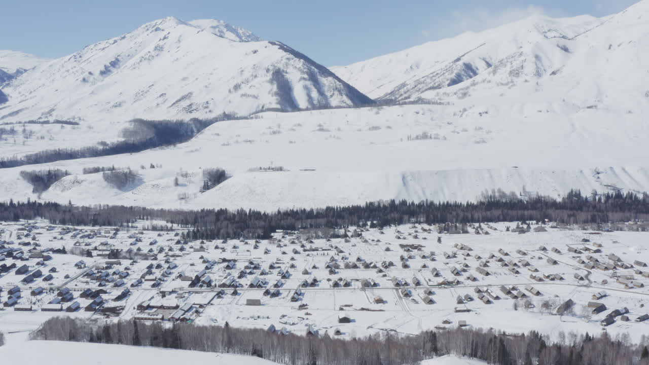 Aerial view of Hemu Village, Xinjiang, China. Winter day