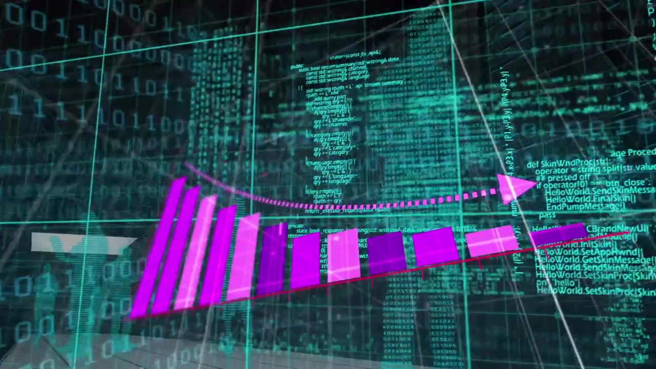 Animation of binary coding over statistical data processing against businesspeople icons