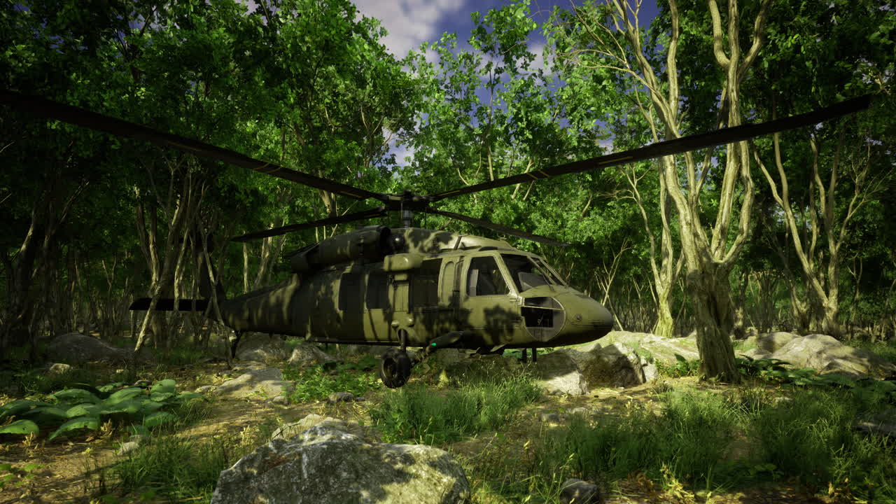 Helicopter rests amidst lush greenery in a dense tropical forest