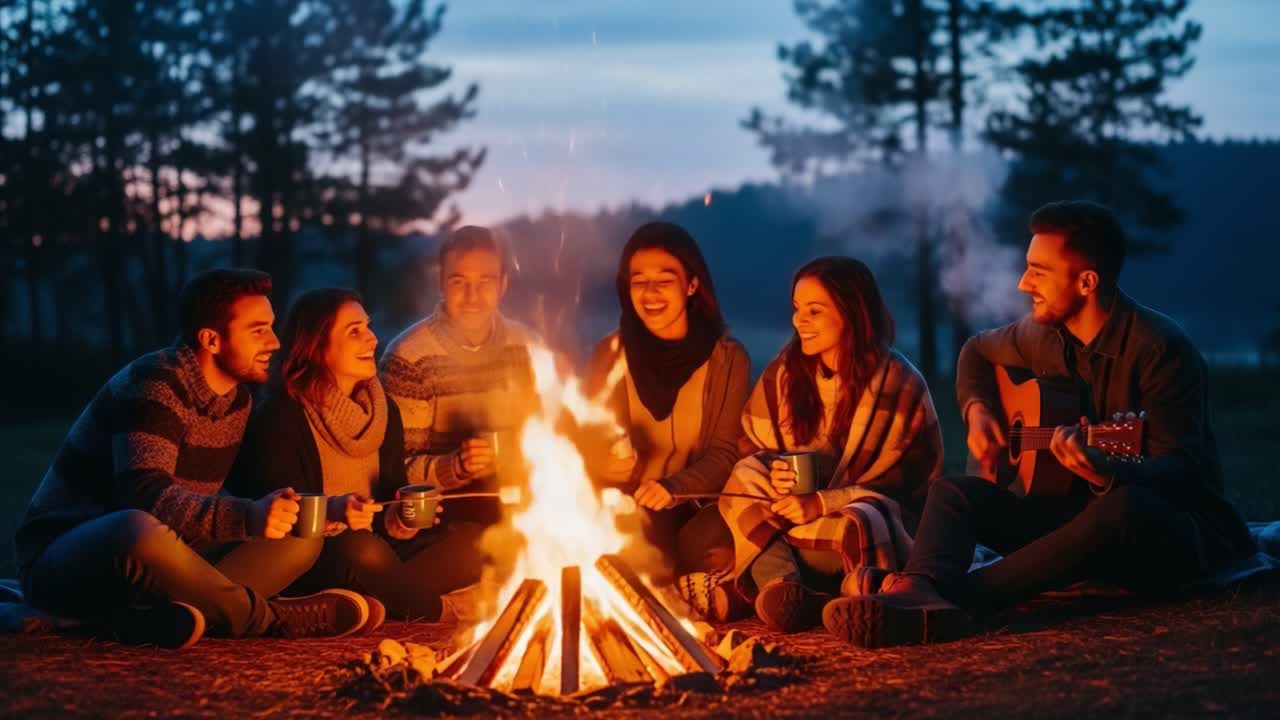 Group of Seven Friends Enjoying a Cozy Campfire Gathering at Dusk, Sharing Laughter and Stories While Surrounded by Nature and Peaceful Scenery