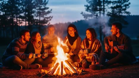Group of Seven Friends Enjoying a Cozy Campfire Gathering at Dusk, Sharing Laughter and Stories While Surrounded by Nature and Peaceful Scenery
