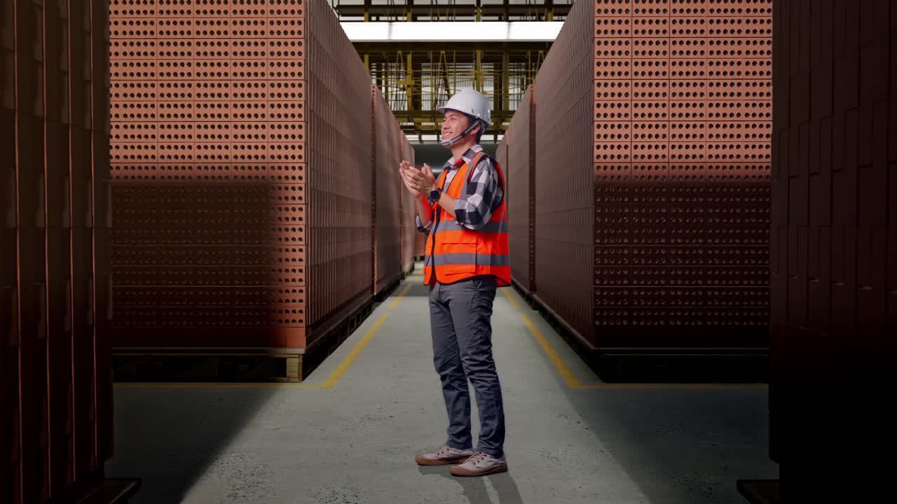 Full Body Side View Of Asian Male Engineer With Safety Helmet Smiling And Clapping His Hands While Standing With Red Brick Packed in Stacks Are Stored