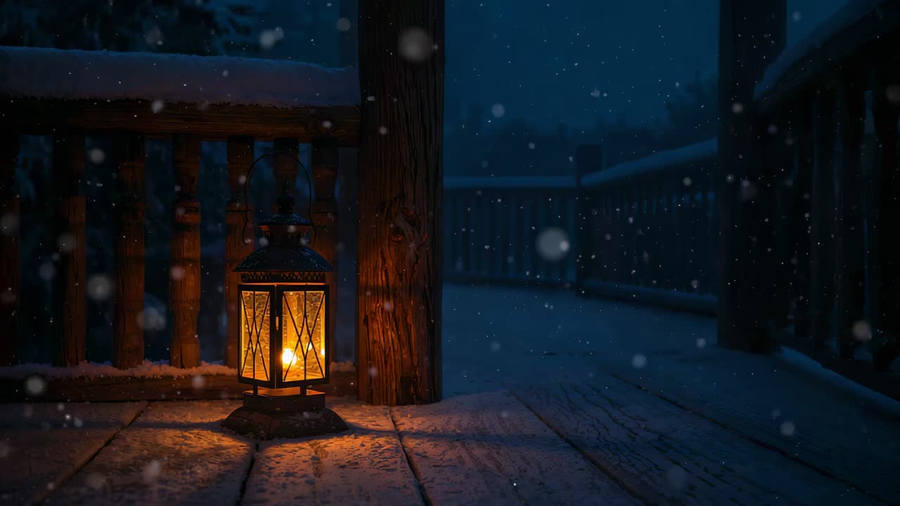 Flickering metal lantern holding candle, casting warm light on deck amid falling snow, copy space