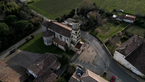 aerial of notre-dame church amid vineyards, france